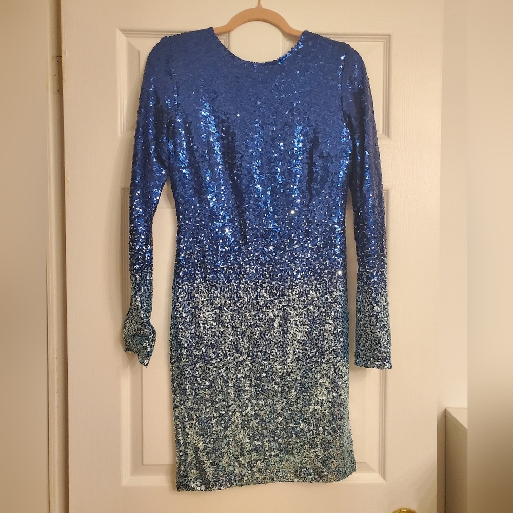 Revamped Blue Ombre Low Back Long Sleeve Sequin Dress